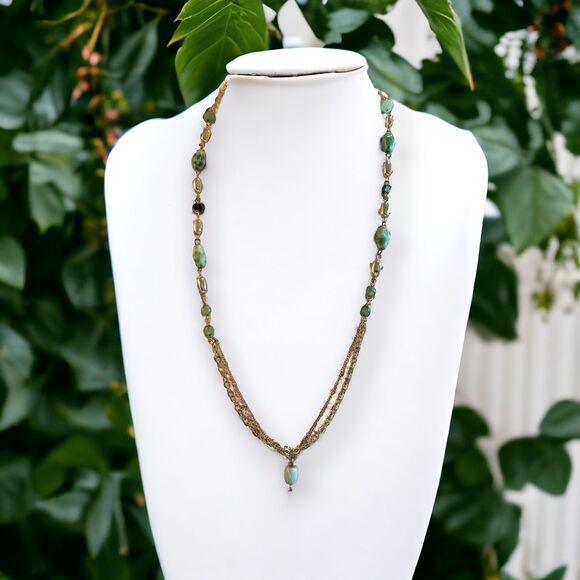 Vintage Gold Tone  Blue Turquoise  Beaded Chain Necklace Estate Sale Jewelry 28" - Picture 1 of 2